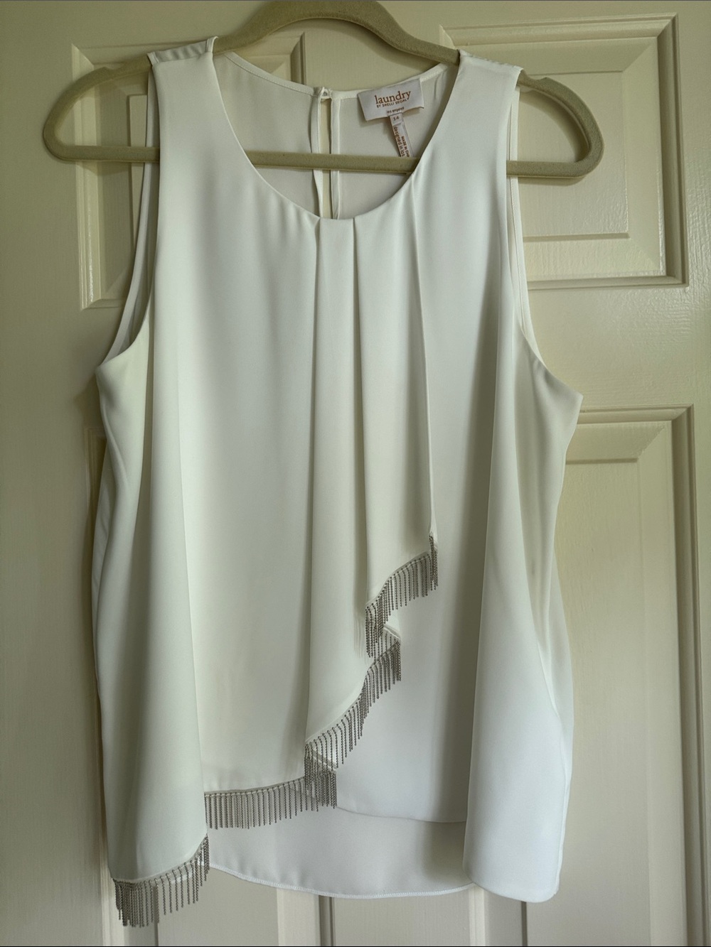 Laundry By Shelli Segal White Sleeveless Draped Tank with Fringe Trim